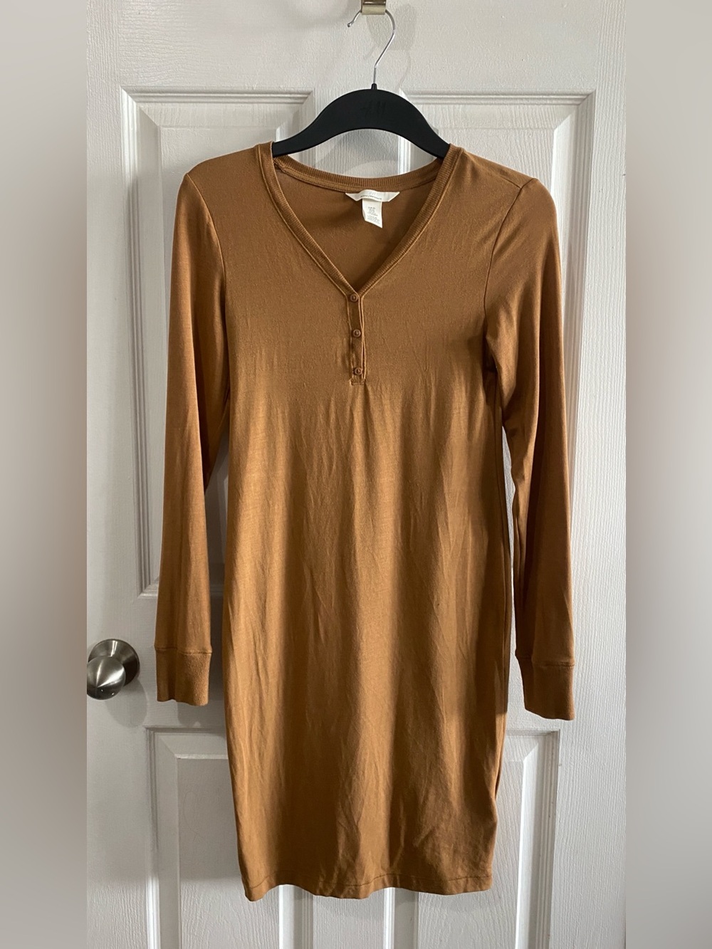 H&M MAMA Camel Brown Long Sleeve Knit Henley Maternity Tunic Dress XS EUC